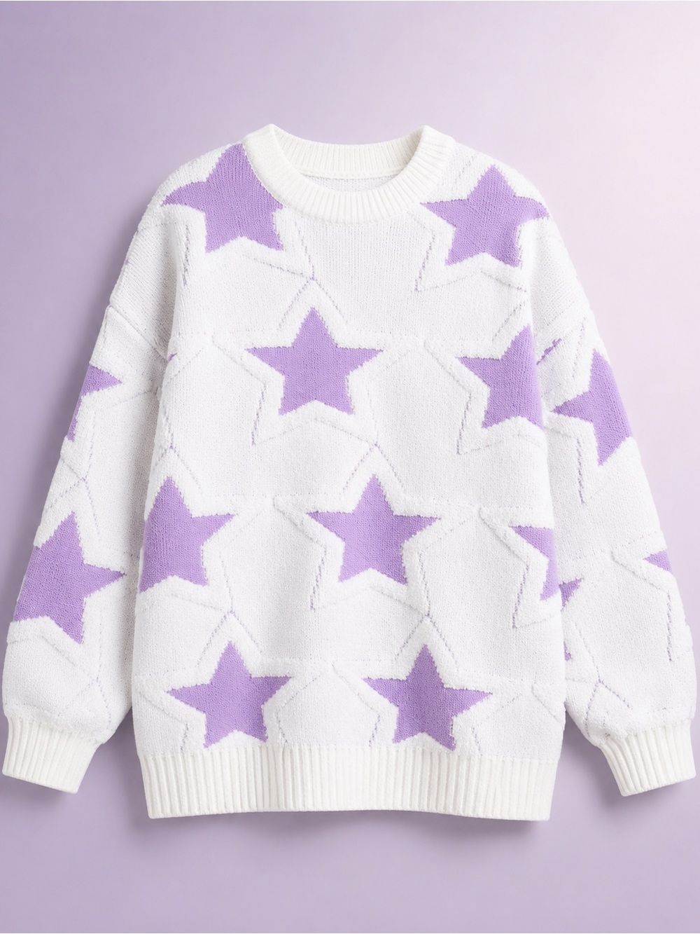 Blue Velvet Lavender Star Cozy Oversized Knit Sweater – Soft Fuzzy Crew Neck